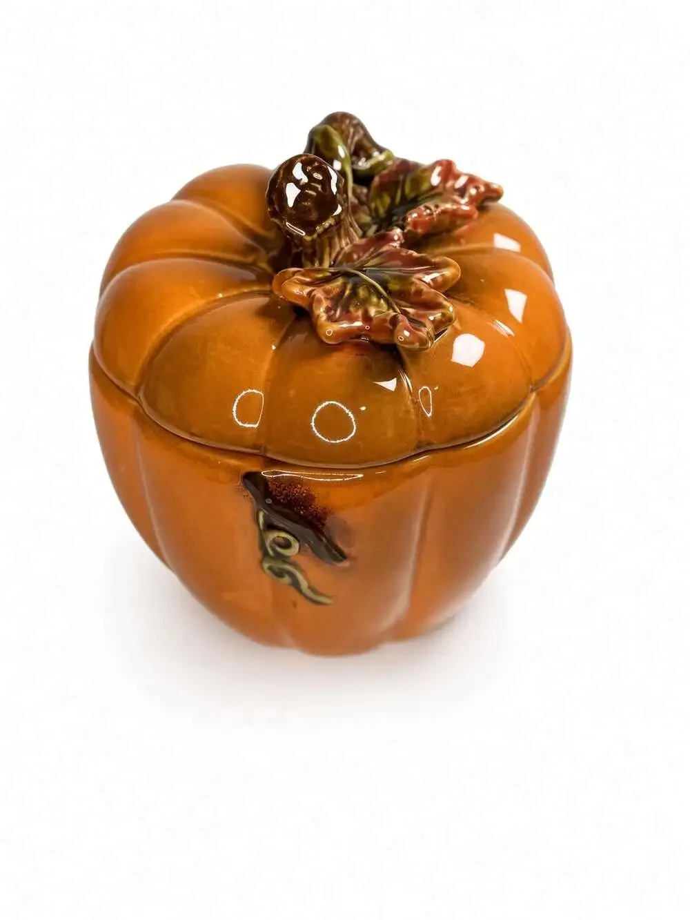 Vintage Ceramic Pumpkin Lidded Jar, Ribbed Stoneware Canister, Fall Decor